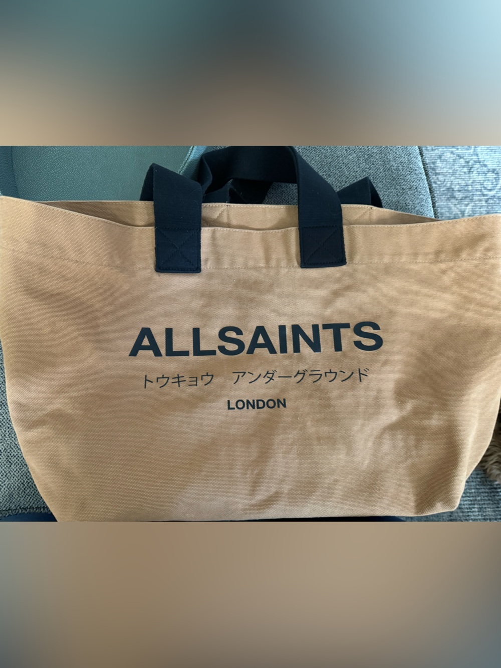 AllSaints Tan Canvas Tote Bag with Black Handles
